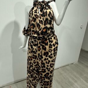 Leopard Print Halter Jumpsuit in Tan and Black